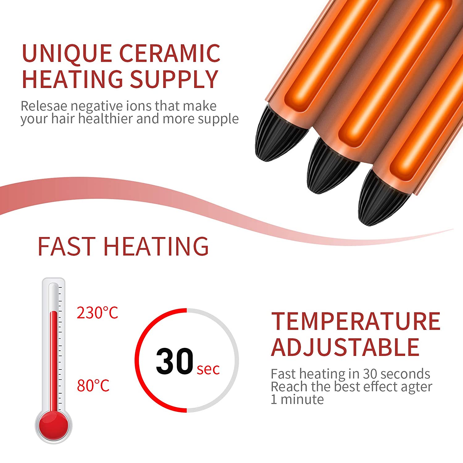 3 Fässer Keramik Turmalin Temperatur Einstellbare LCD-Anzeige Haarwaver